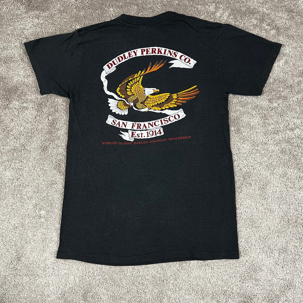 Vtg 1986 Harley-Davidson T-Shirt 3D Emblem Dudley Perkins Size S Grunge Biker